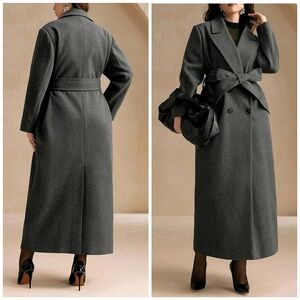 New Luxe Double Breasted Tie Waist Maxi Coat PLUS Gray
